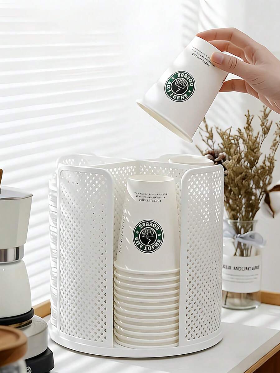 360 Degree Rotating Cup Holder Rack, Paper Cup And Lid Organizer, Plastic Cup Dispenser With 4 Compartments, Large Capacity Cup Holder Suitable For Countertop, Living Room, Bathroom, Coffee Station, Bar, Buffet, Kitchen Cabinet, RV Kitchen, Spice Rack, Home Decor, Kitchen Essentials