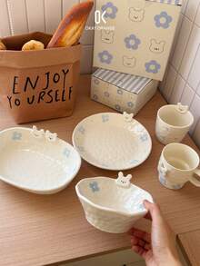 1 pieza Conjunto de vajilla con conejo emocional, que incluye taza, taza con asa, plato, tazón, adecuado para diversas ocasiones, hogar, cocina, comedor, apto para diferentes alimentos, vajilla, vajilla multifuncional, regalo festivo, gran opción de regalo - Multicolor - Ver 6
