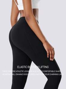 2 piezas/Set Pantalones ajustados de mujer con bolsillos laterales y cruzados en la cintura, Leggings de yoga de cintura alta adelgazantes para fitness, gimnasio, entrenamiento, correr al aire libre, ciclismo, pantalones deportivos de compresión, Pantalones casuales de unicolor para usar en casa - Negro - Ver 8