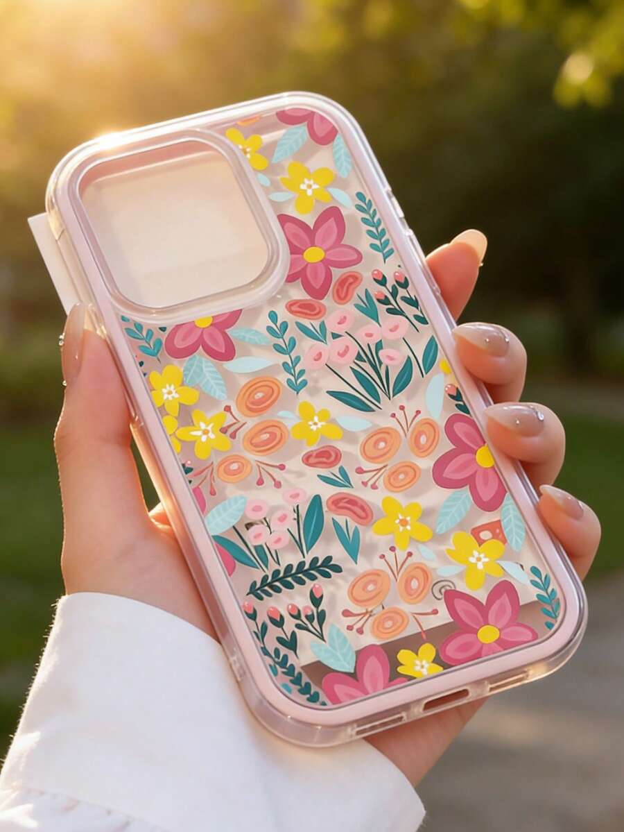 Flower Floral Pattern Pink Framed Transparent Soft Phone Case Compatible With IPhone - Multicolor - View 1