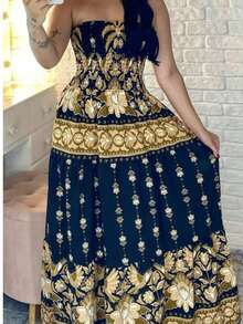 Long Strapless Floral Print Dress For Summer, Women's Fashion, And Carnival. - 黑色 - 查看 2