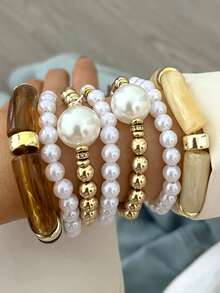 Bộ 7 vòng tay co giãn thời trang tối giản, thanh lịch, tinh tế, mang phong cách retro, họa tiết hình học bất thường, đính đá và ngọc trai giả, thích hợp cho các dịp lễ, tiệc tùng, hẹn hò, làm quà tặng và đeo hàng ngày. - Nhiều màu - Xem 4