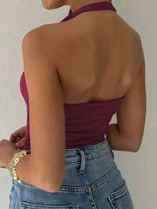 GAOVOT 女士Y2K性感紧身无袖露背连体衣，夏季休闲运动装，优雅时尚 - 紫紅色 - 查看 2