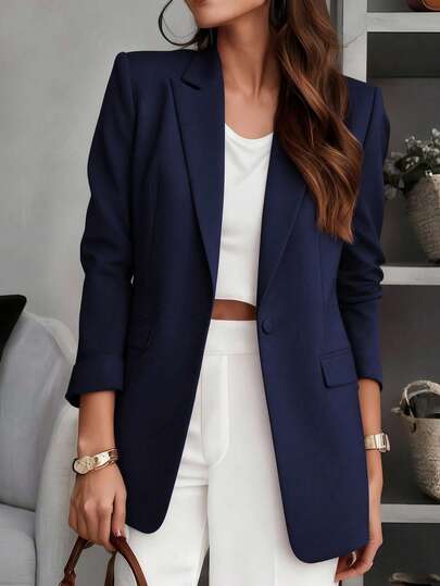 Women's Solid Color Notched Collar Blazer Jacket, Button Front Pocket Design, Long Sleeve Office Wear, Versatile For Business And Casual, Suitable For Autumn, Winter And Spring