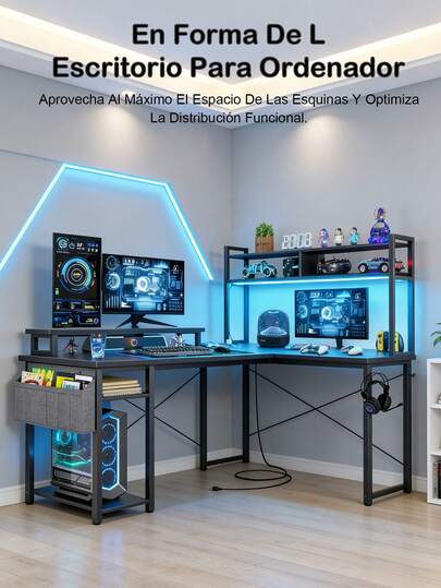 Escritorio de Juegos Pequeño con Tomacorrientes, Panel de Clavijas, Luz LED, Escritorio de Computadora en Forma de L de 43 Pulgadas con Soporte para Monitor y Estantes de Almacenamiento, Escritorio Esquinero Reversible con Ganchos para Auriculares, Negro Fibra de Carbono