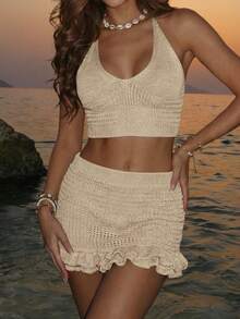 Women's Summer Boho Festival Knit Set, Fitted Hollow-Out Sexy Halter Top And Ruffled Hem Short Skirt Cover-Up Two Pieces Set,Vacation Beach - Apricot - View 4