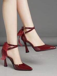 Spring New Fashion Bow Tie Black & Burgundy High Heel Pointed Toe Pumps, French Style Versatile Slip-On High Heels For Party & Wedding - Burgundy - View 2