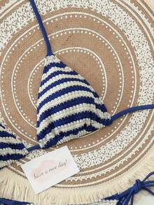 2026 New Sexy Women's 3-Piece Bikini Swimwear Set, Colorblock Striped Textured Fabric, Suitable For Spring/Summer Beach, Pool, Party, Date Vacation - Blue and White - View 4