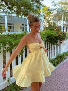 女士夏季露背打结抹胸迷你连衣裙，度假必备 - 黃色 - 查看 1