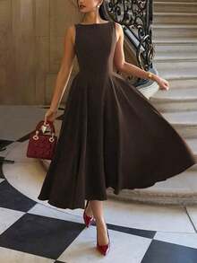 Elegant French Romantic Backless Hollow-Out Cinched Waist Sexy Charming Maxi Dress, Suitable For Christmas, Holiday Party, Date Black Summer - màu nâu - Xem 4