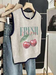 Áo vest nữ không tay cổ tròn mới mùa thu đông, họa tiết quả anh đào tươi tắn, áo tank top dệt len màu kaki viền tương phản, kiểu dáng thường ngày thoải mái cho nữ sinh, áo dệt kim rộng rãi cho mùa thu, áo đi chơi cho nữ, trang phục hàng ngày, lễ tốt nghiệp mùa hè - Màu Khaki - Xem 3