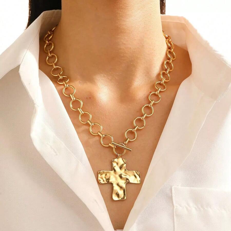 Conjunto de collar de cruz gruesa martillada, collar con colgante de cadena gruesa, unisex, joyería vintage con encanto sobredimensionado en oro/plata - Collar - Ver 1