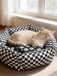 1pc Retro Checkerboard Pattern Pet Bed, With Paw Print Dog Bed, Comfortable Cat Sofa, Suitable For All Seasons - Multicolor - View 4