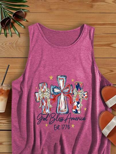 Camiseta de tirantes/Camisola para mujer - Ropa de playa para mujer, Atuendos de verano, Ropa casual para mujer, Mes del Orgullo, Festivales de música y arte, Pascua, Día de la Independencia, Atuendos para el 250 aniversario, Regalo ideal para mujer - Camiseta de tirantes con diseño de cruz patriótica y motivo de bandera estadounidense y estrellas para celebraciones del Día de la Independencia, Ropa de verano casual, Parte superior sin mangas cómoda para mujer