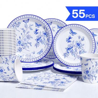 طقم أطباق ومناديل وأكواب ورقية يمكن التخلص منها بطبعة زهرية صينية زرقاء وبيضاء، يخدم 10 ضيوف، لوازم حفلات مناسبة لعيد الميلاد والزفاف والحفلات والنزهات العائلية