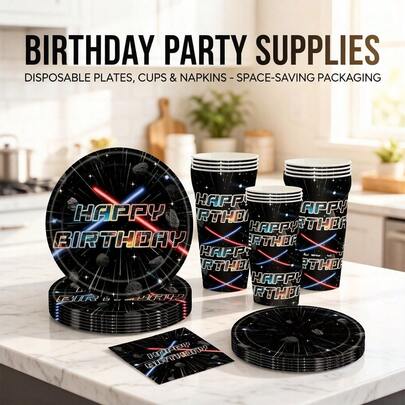 This 80-Piece Outer Space Battle Disposable Tableware Set Includes 20 Plates, 20 Dessert Plates, 20 Paper Cups, 20 Napkins, 1 Tablecloth And 1 Pull-Out Banner. This Convenient Tableware Set Is Perfect For Camping, Picnics, Garden BBQs, Baby Showers, Weddings And Birthday Parties.