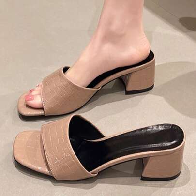 Sandalias de tacón alto para mujer, de unicolor con estampado animal, punta cuadrada, tacón grueso cómodo, sandalias deslizantes casuales y elegantes para fiestas y ocasiones formales