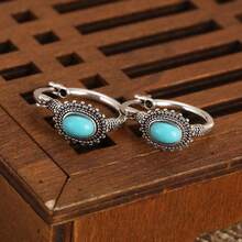 Round Mosaic Earrings, Paired With Minimalist Curved Blue Leaf Design, Niche Style, Ocean-Inspired Romantic Gift, Suitable For Daily Wear And Various Occasions, A Refined Surprise Gift For Women - Silver - View 4