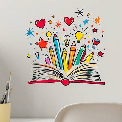 1/3pcs Inspirational Book & Pen Wall Stickers, Self-Adhesive Removable PVC Material, Suitable For Home, Bedroom, Office Wall Decor, Create A Studious Atmosphere