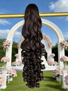 24 Inch Dark Brown Deep Wave Clip-In Ponytail Hair Extension - Heat Resistant Synthetic Fiber, Natural Curly Hair Styling Accessory, Suitable For Women's Daily Use, Daily Hairstyle Styling Accessory, Voluminous Curly Hair, Heat Resistant Fiber Wig - Dark Brown - View 5
