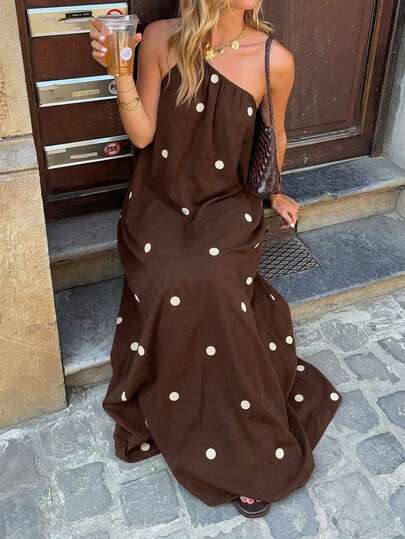 Vestido Longo Casual de Estilo Boêmio de Verão para Mulheres Vuslat, Estampa de Bolinhas, Decote Nas Costas, Sem Mangas, Adequado para Férias, Feriado de Verão, Vestido de Bolinhas, Festa, Reunião, Resort de Praia