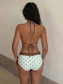Bộ bikini 2 món thời trang và dễ thương in hình ngôi sao, áo yếm cổ yếm và quần short, đồ bơi đi biển phối màu tương phản dành cho nữ, phong cách gợi cảm kiểu Âu Mỹ, thích hợp cho kỳ nghỉ hè và ngày lễ tình nhân. - Màu Khaki - Xem 4