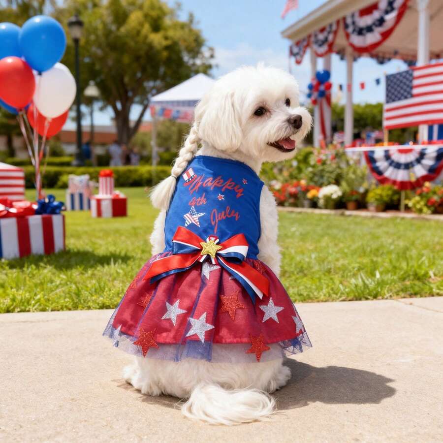 1 bộ váy thú cưng mới, trang phục lưới cổ điển cho mèo và chó nhân dịp ngày Quốc khánh 4 tháng 7. - Nhiều màu - Xem 1