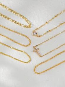 Set de 6 piezas de pulsera con cadena multicapa decorada con cruces y corazones de circonita cúbica, gran regalo para mujeres en cumpleaños, fiestas y días festivos - Amarillo Oro - Ver 5