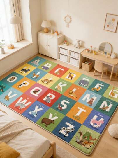 1pc Animal & Letter Early Education Children's Room Decor Floor Mat, Decorative Carpet, Bedroom Decor, Small Rug, Carpet, Home Decor, Living Room Carpet, Small Living Room Rug, Bedroom Rug, Living Room Home Decor, Outdoor Rug, Washable Carpet