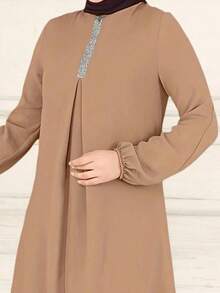 Women's Casual Modest Style Solid Color Round Neck Top With Loose Pants 2-Piece Set, Dignified And Appropriate Eid Spring - Khaki - View 4