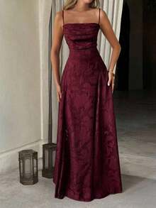 Women's & Elegant Summer Dress With Drawstring Waist And Backless Design, Made Of Jacquard Fabric, Suitable Vacation, Beach, Date, Back To School, Wedding, Party And Other Occasions - 酒紅色 - 查看 6
