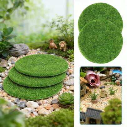 3pcs/6pcs Green Outdoor PP Material Round Artificial Moss Lawn, DIY Succulent Planter Decor, Suitable For Crafts, Miniature Garden And Dollhouse Decoration, Fairy Garden Miniature Model
