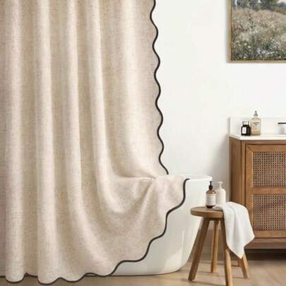 Linen Shower Curtain Beige Cute Black Scalloped Boho Modern Shower Curtains For Bathroom Set 72" W X 72" L