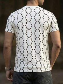 Áo thun cổ Henley nam màu đen trắng in họa tiết hình học lượn sóng, kiểu dáng thường ngày, thoải mái khi đi làm. - trắng - Xem 3