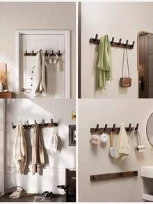 Walnut Wood Wall Hook, No Drill Needed Coat Rack, Entryway Hanging Hooks For Clothes, Hats - Brown - View 2