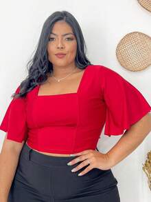 Plus Size Cropped Blouse With Batwing Sleeves. - Rojo - Ver 1