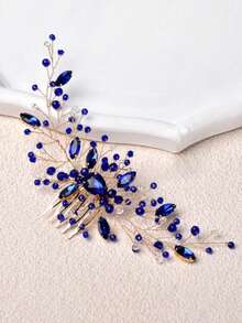 1 chiếc lược cài tóc hình lá bằng hợp kim đính ngọc trai thủ công thanh lịch dành cho nữ, phụ kiện cài tóc cô dâu cho đám cưới, tiệc tùng và các buổi họp mặt. - Màu xanh lam - Xem 4