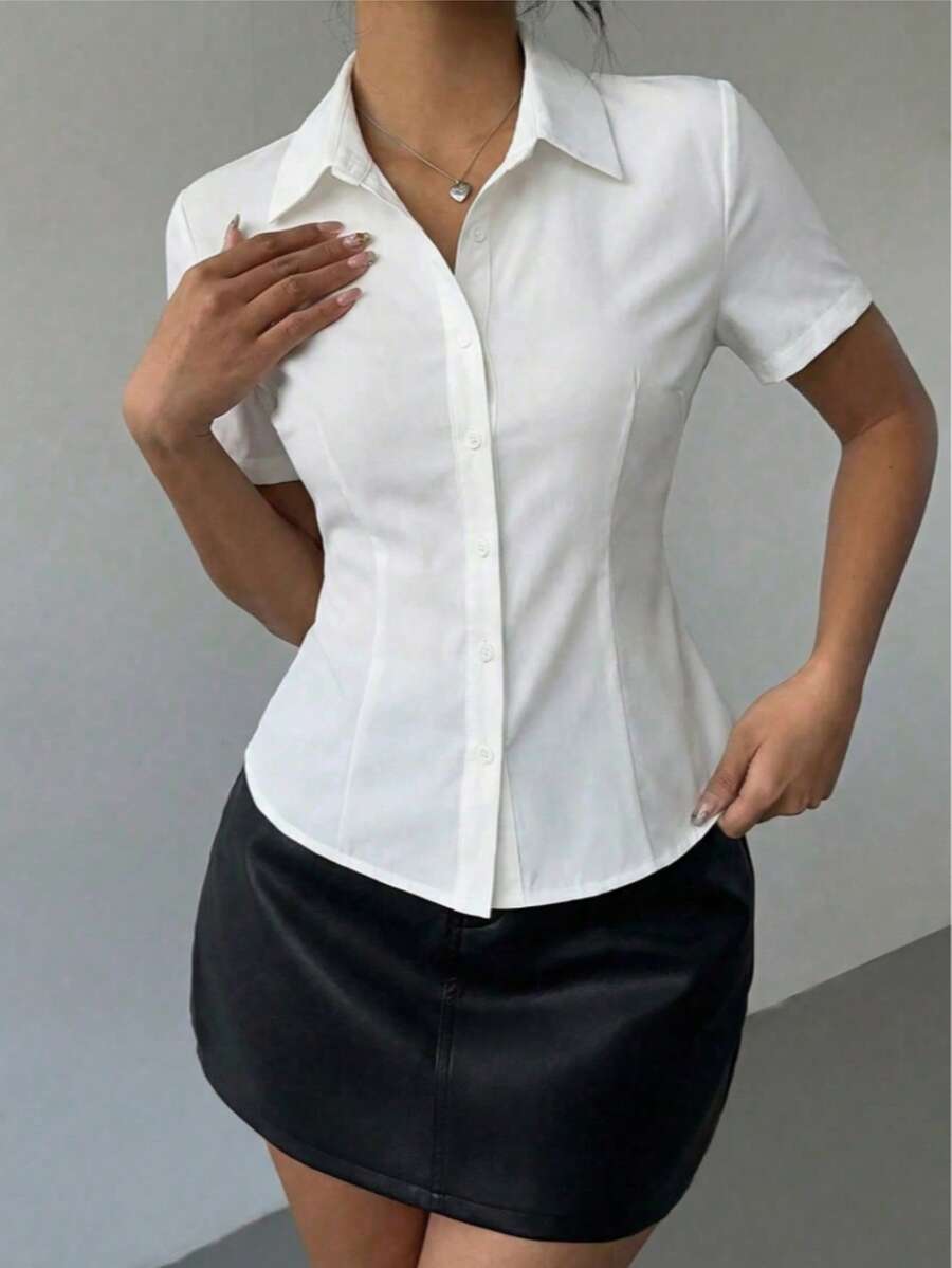 Camisa abotonada de manga larga ajustada con cuello, de nueva llegada para mujer en primavera/otoño, minimalista, elegante y casual - Blanco - Ver 1