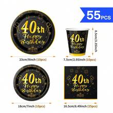 Bộ đĩa, khăn ăn, cốc dùng một lần màu đen & vàng cho sinh nhật lần thứ 40, phục vụ 10 người, đồ dùng tiệc bằng giấy dùng một lần phù hợp cho sinh nhật, đám cưới, tiệc tùng, dã ngoại gia đình. - Xem 10