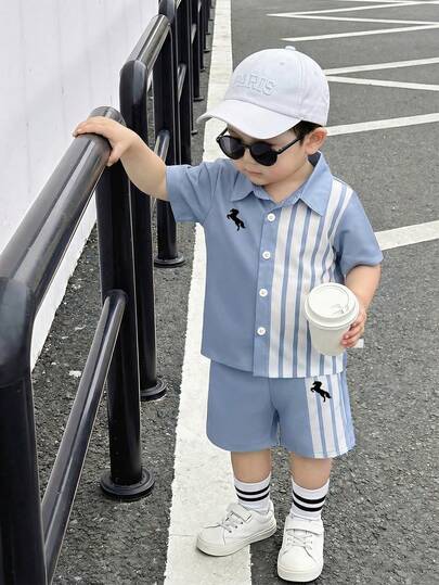 2pcs Baby Boy's Spring/Summer Casual Striped Shirt & Shorts Set, Button Design + Horse Print Detail, Loose Comfortable Wrinkle-Resistant, Suitable For School, Outings, Daily Wear