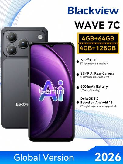 Blackview WAVE 7C 无锁智能手机，Android 16 系统，5000mAh 电池，13MP+32MP 侧边快捷键，八核处理器（4+8 核可扩展），GB+64GB/128GB/1TB SD 卡存储，6.56 英寸高清+显示屏，双卡双待 4G，不含充电器