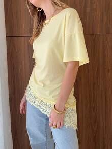 Nueva llegada Blusa de punto larga con bajo asimétrico y encaje en contraste, adecuada para la playa, uso diario, vacaciones, escuela, fiesta de cumpleaños, casual de verano - Amarillo - Ver 3