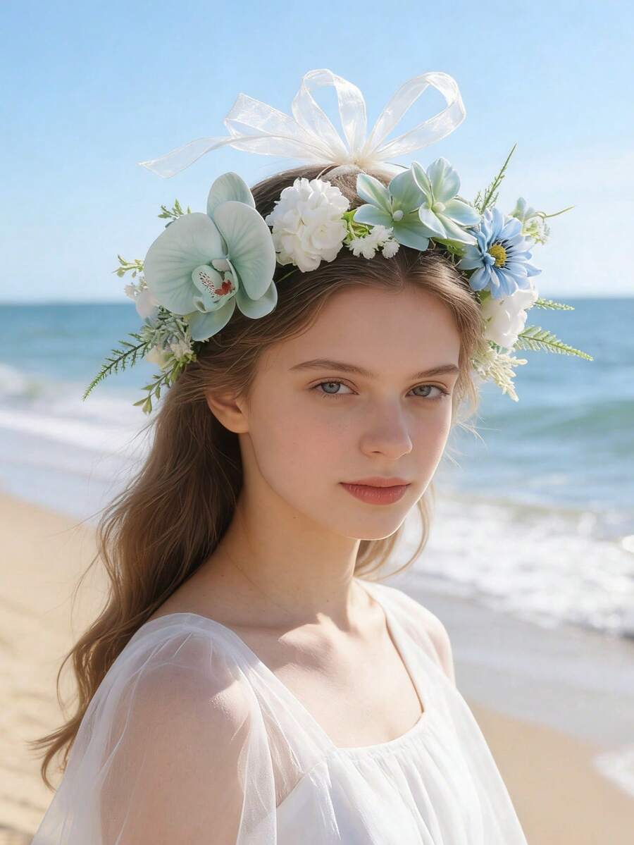 1件花环发箍,逼真的褶皱玫瑰花苞、绣球花、海棠花,可调节缎带,适合海滩、摄影,仙女般的发饰 - 藍色 - 查看 1