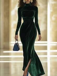 Elegant Women Long Velvet Bodycon Dress With Stand Collar Long Sleeve Flared Hem For Party - 墨綠色 - 查看 2