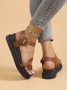 女士平底凉鞋，新款夏季厚底黑色凉鞋，罗马风格凉鞋，防滑百搭时尚休闲沙滩凉鞋 - 棕色 - 查看 5