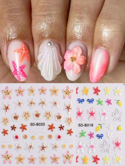 5D Floral & Starfish Nail Art Stickers,Ocean Holiday Shell Flowers Self-Adhesive DIY Nail Stickers - Nail Art Supplies & Decorations, Suitable For Girls And Women, For Summer Nails, Applicable For Home Manicure And Salon
