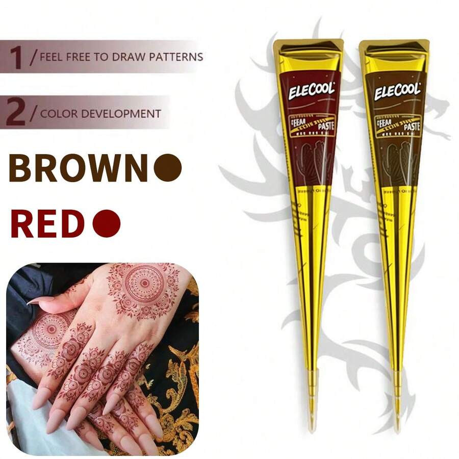 [Colorful Henna Tattoo Set]High-Quality Henna Tattoos In Multiple Colors, 12 Reusable Random Stencils | Pre-Mixed Natural Henna Dye For Temporary Body Art | Waterproof And Smudge-Proof, Durable | Beginner-Friendly DIY Kit, Suitable For Parties, Festivals, Halloween, Weddings, And Henna Nights - 紅色+棕色 - 查看 1