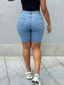 Women's Summer Casual Distressed Elastic Skinny Ripped Denim Shorts, Curve-Hugging Fit For Beach, Music Festival, Denim Girl Style - Medium Wash - View 3
