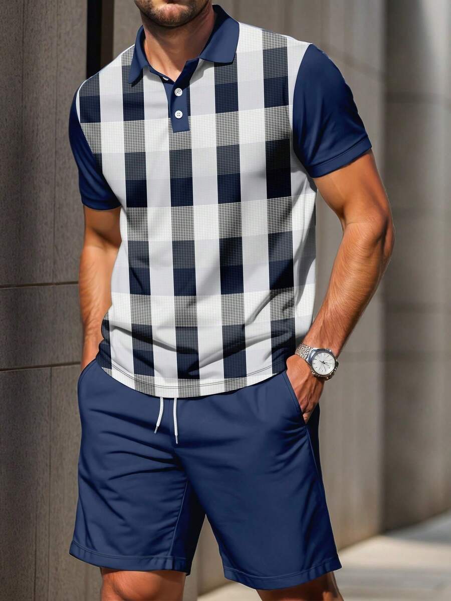 Men's Plaid Print Short Sleeve Polo Shirt And Shorts Set - Blue - View 1