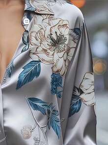 Elegant Women's Floral & Leaf Print Button-Down Shirt, Suitable For Vacation And All Seasons Spring - Silver - View 7